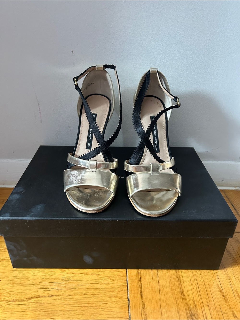 French Connection Gold and Black Crisscross Strap Heels